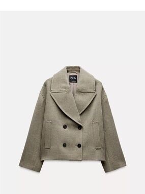 Zara Grey-Green Double-Breasted Pea Coat